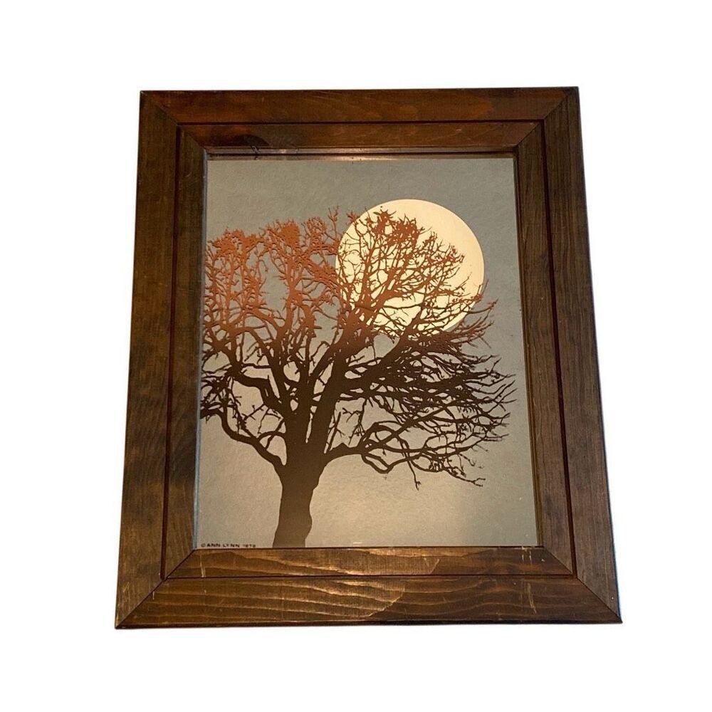 Vintage 1978 Ann Lynn Serigraph Tree and Moon Mirror Wood Frame
